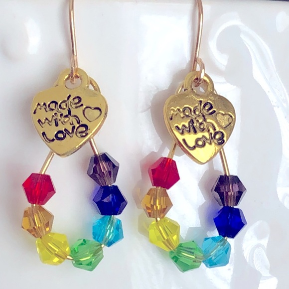 New Sparkling Crystal Glass Dangling Rainbow Made With Love Hoop Heart Earrings - Picture 1 of 4